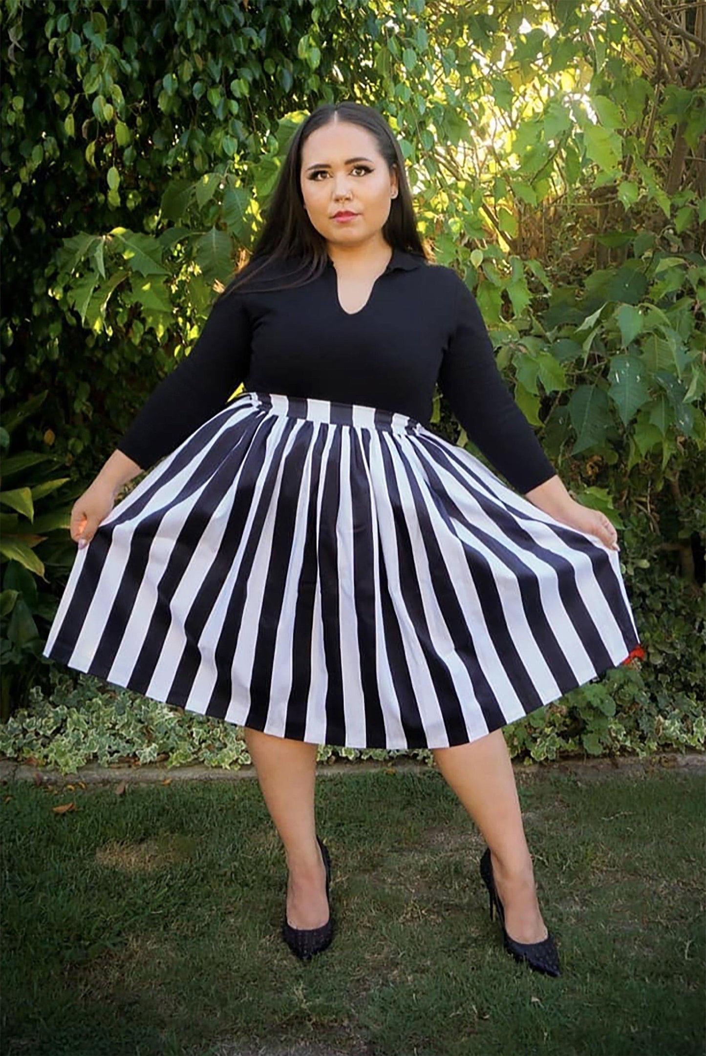 Bella Vintage Gathered Swing Skirt in Black and White Mark Stripe Cotton Sateen | Pinup Couture