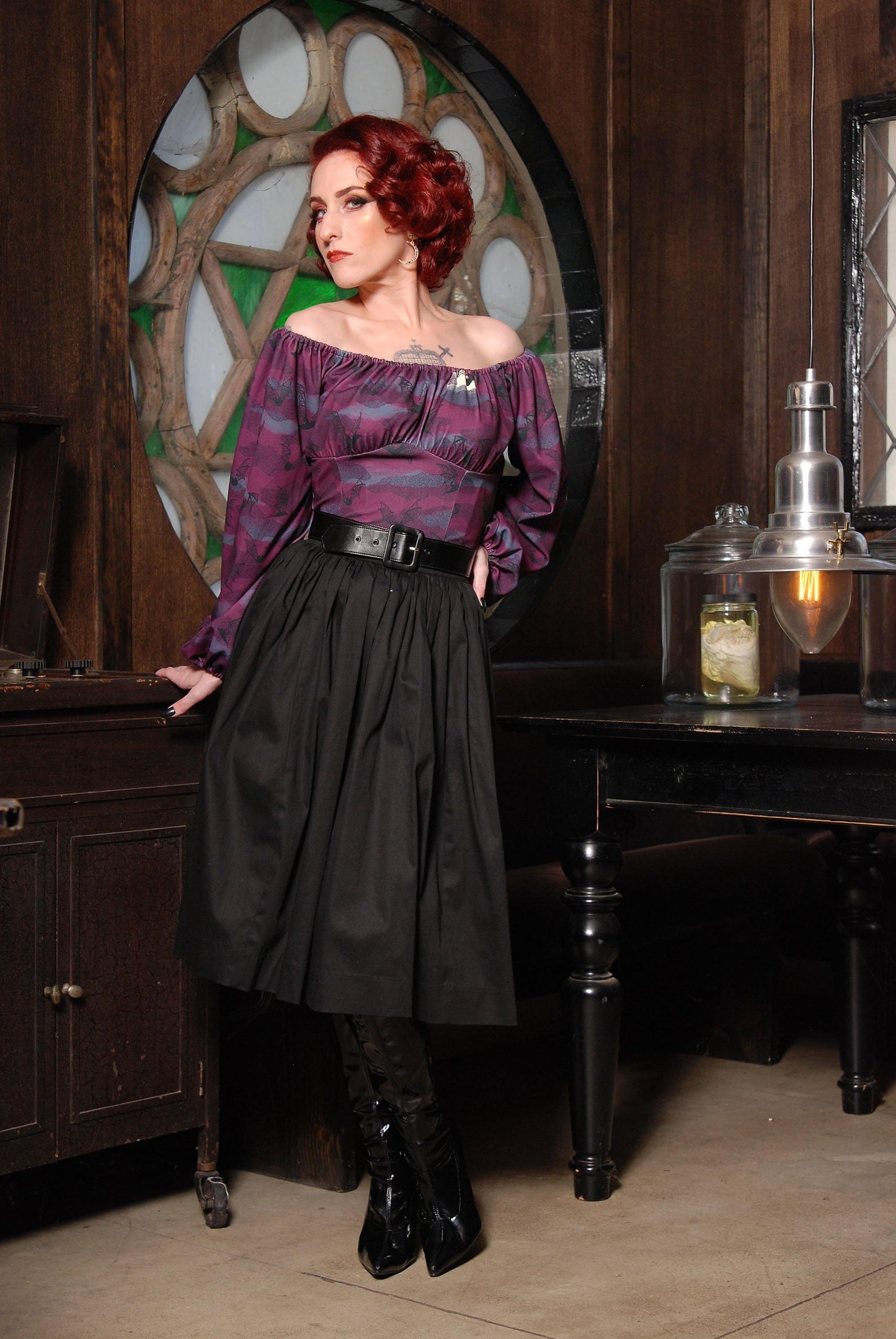 Bella Vintage Gathered Swing Skirt in Solid Black Cotton Sateen | Pinup Couture