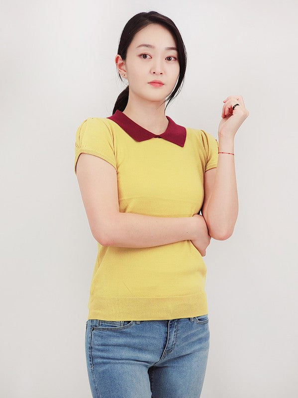 Cute Contrast Collar Pleated Cap Sleeve Knit Top by MAK