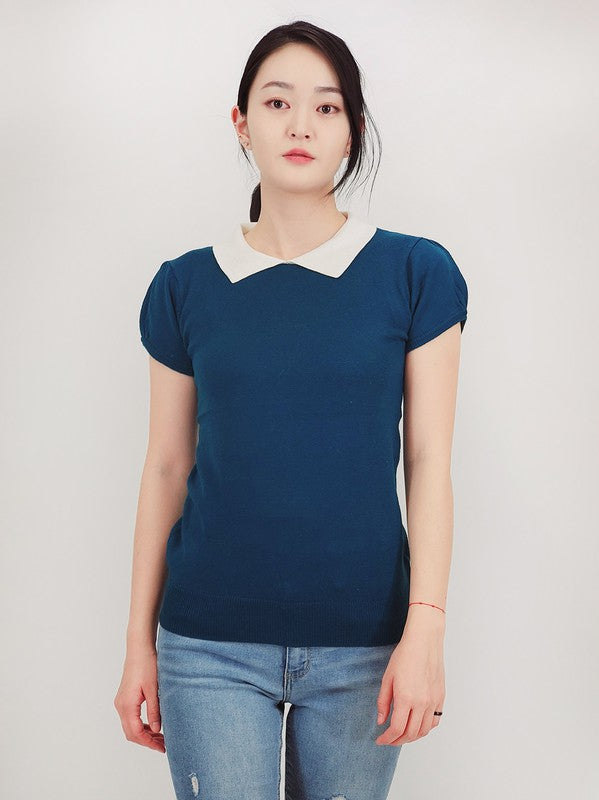 Cute Contrast Collar Pleated Cap Sleeve Knit Top by MAK