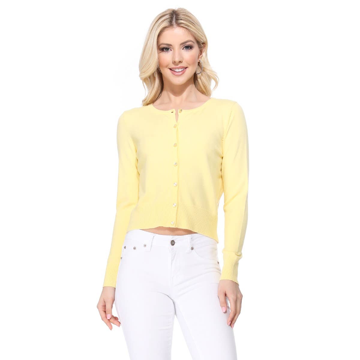 Mak - Long Sleeve Crewneck Cropped Cardigan Sweater MK5502: RED / S
