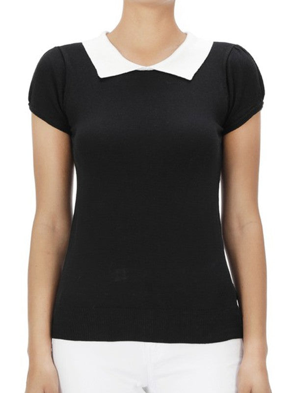 Cute Contrast Collar Pleated Cap Sleeve Knit Top by MAK