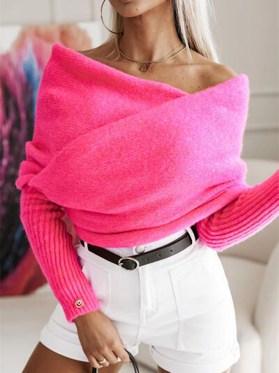 Long Sleeve Cropped Knit Top One Size Fits All in Pink