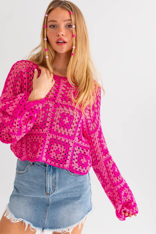 Long Sleeve Fuschia Bohemian crochet top