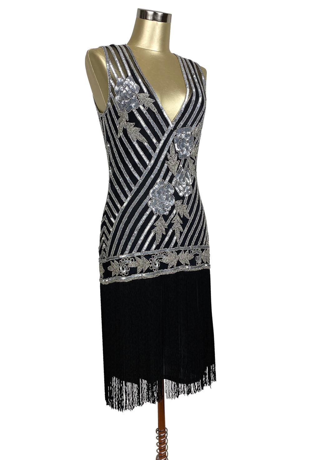 1920's Style Flapper Fringe Party Dress - The Original Artist Silver on Black