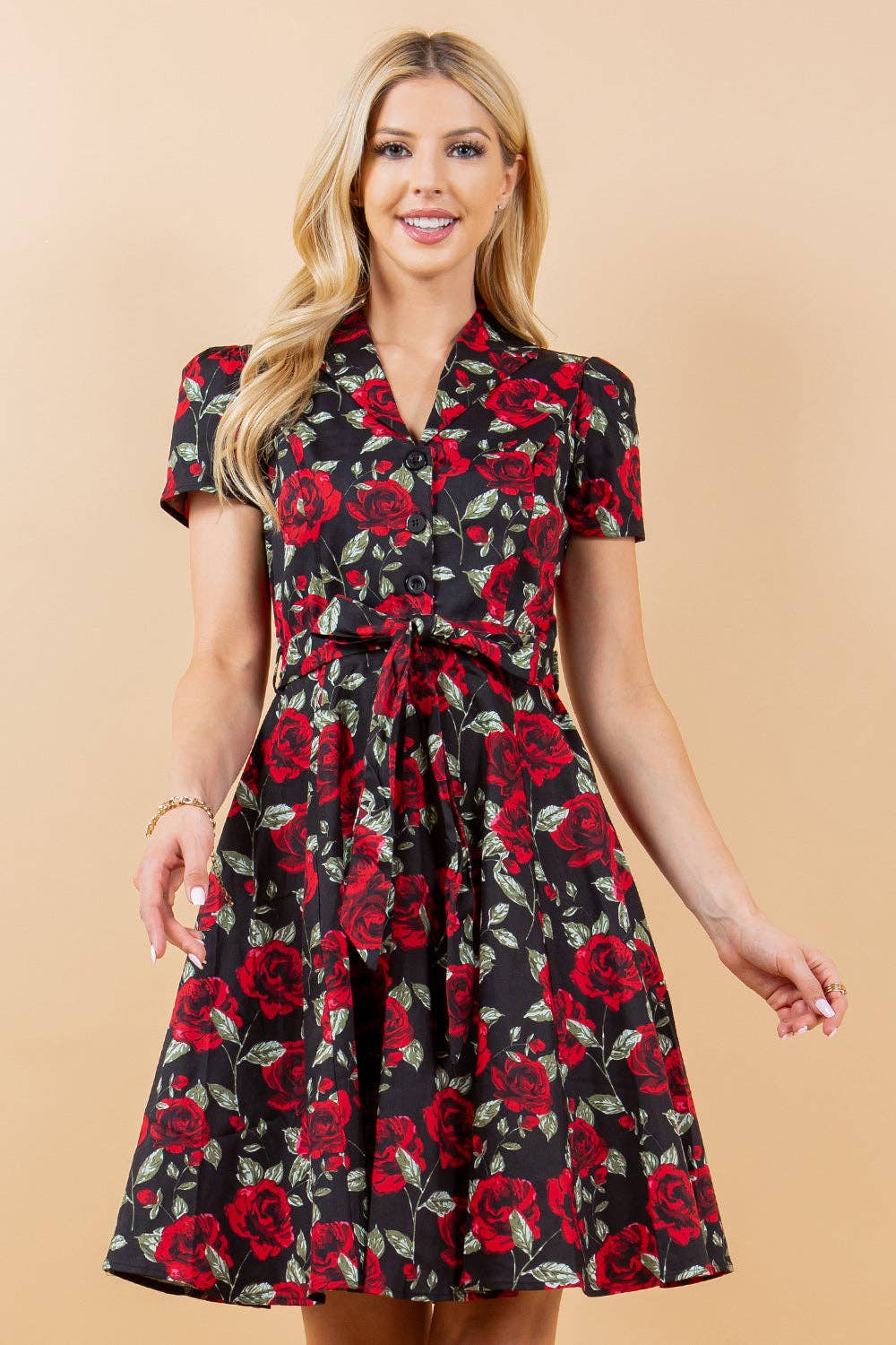 Retro Rose Print Fit & Flare Dress by LA Soul