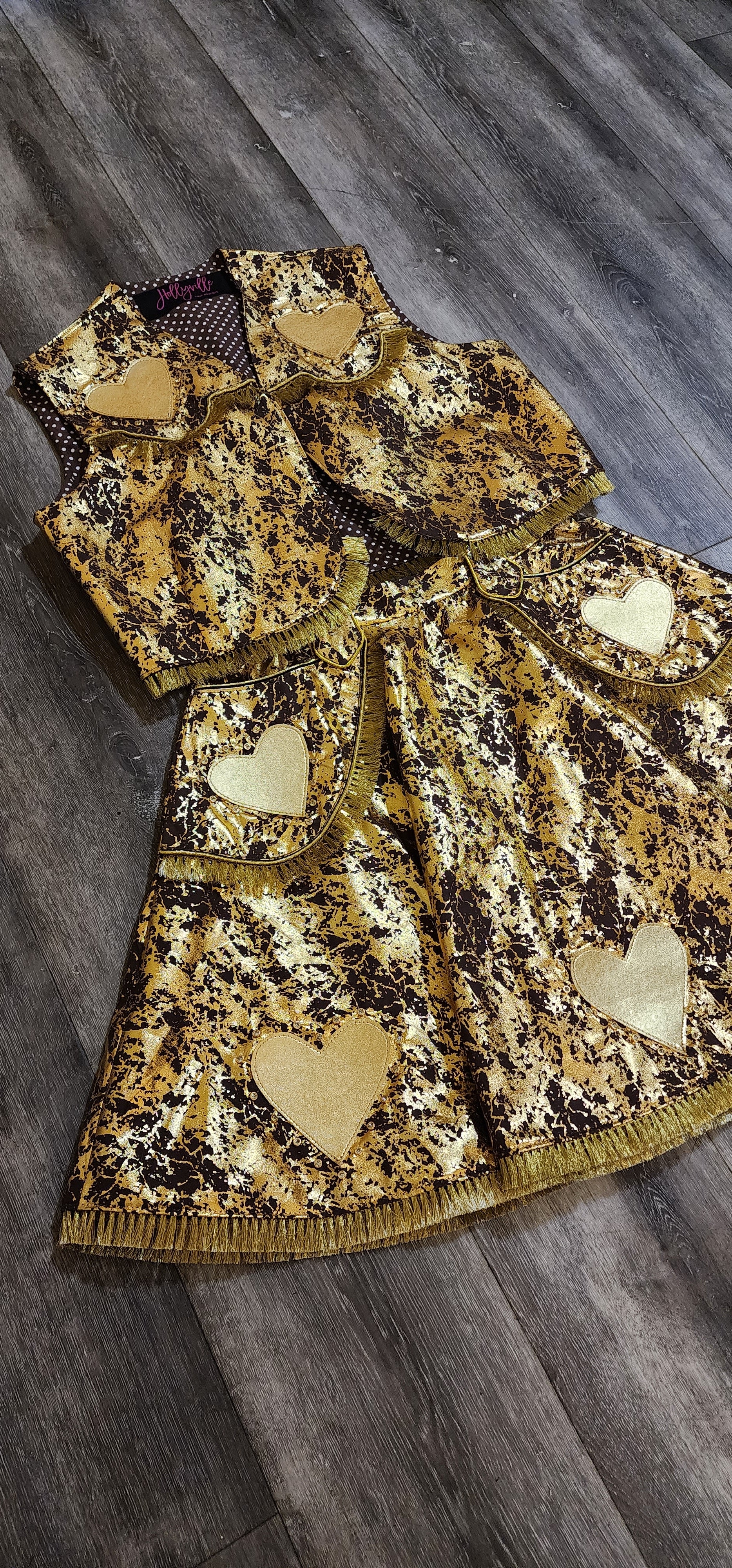 Rhinestone Cowgirl Gold Western Vest and Skirt Set by Hollyville Rhinestone Cowgirl Gold Western Vest and Skirt Set by Hollyville