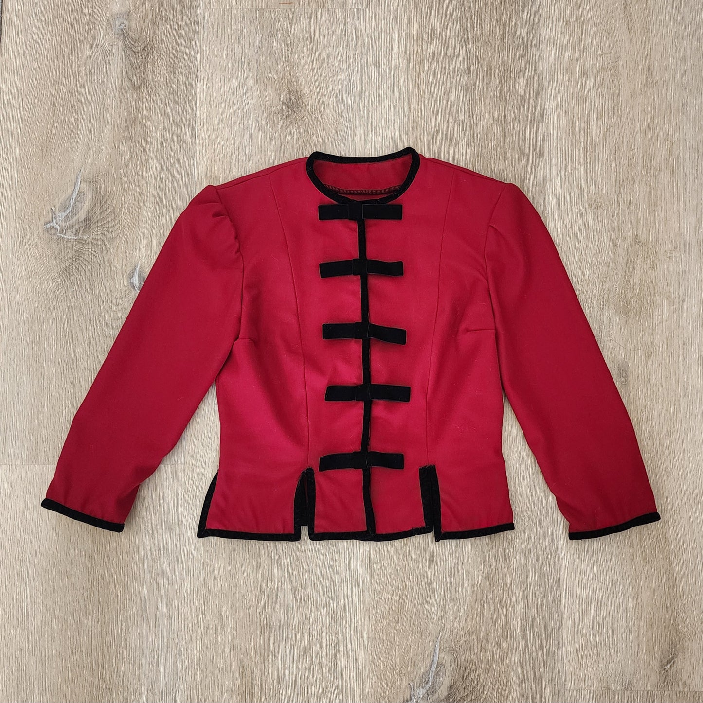 Vintage inspired red blazer with black velvet bows, size Small