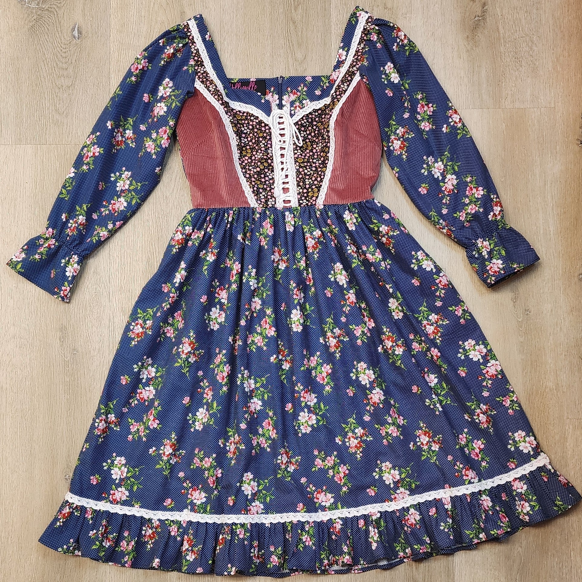 1970s vintage inspired Gunne Sax floral corduroy corset dress by Hollyville