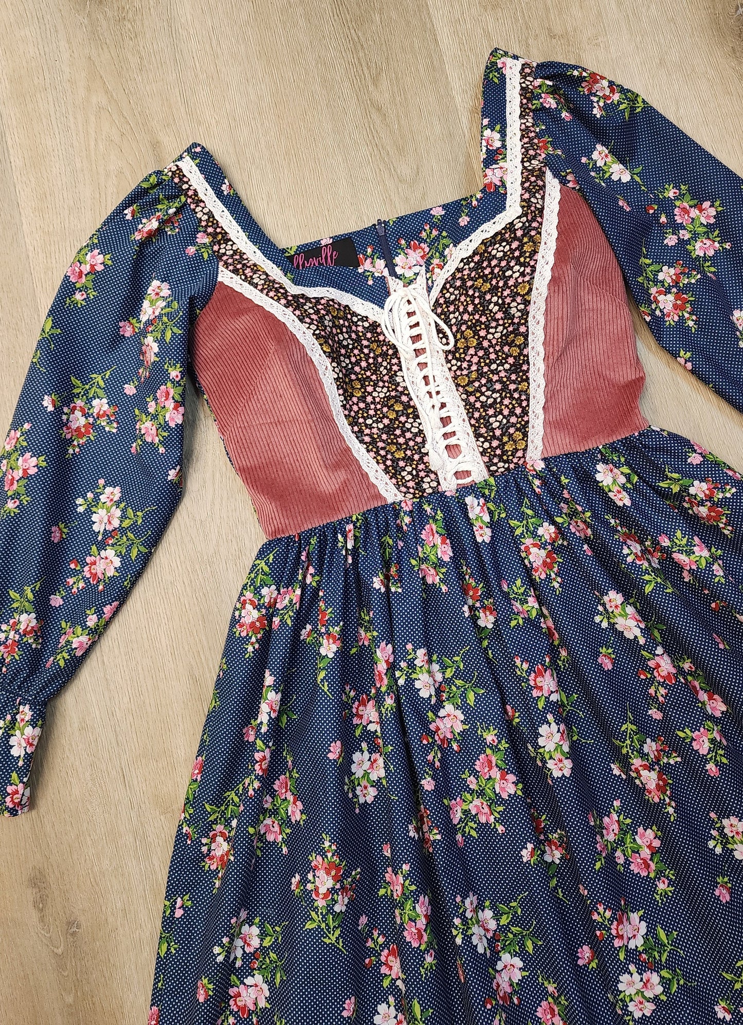An Original Homespun 1970's Vintage Inspired Floral Print Corset Lace Dress by Hollyville