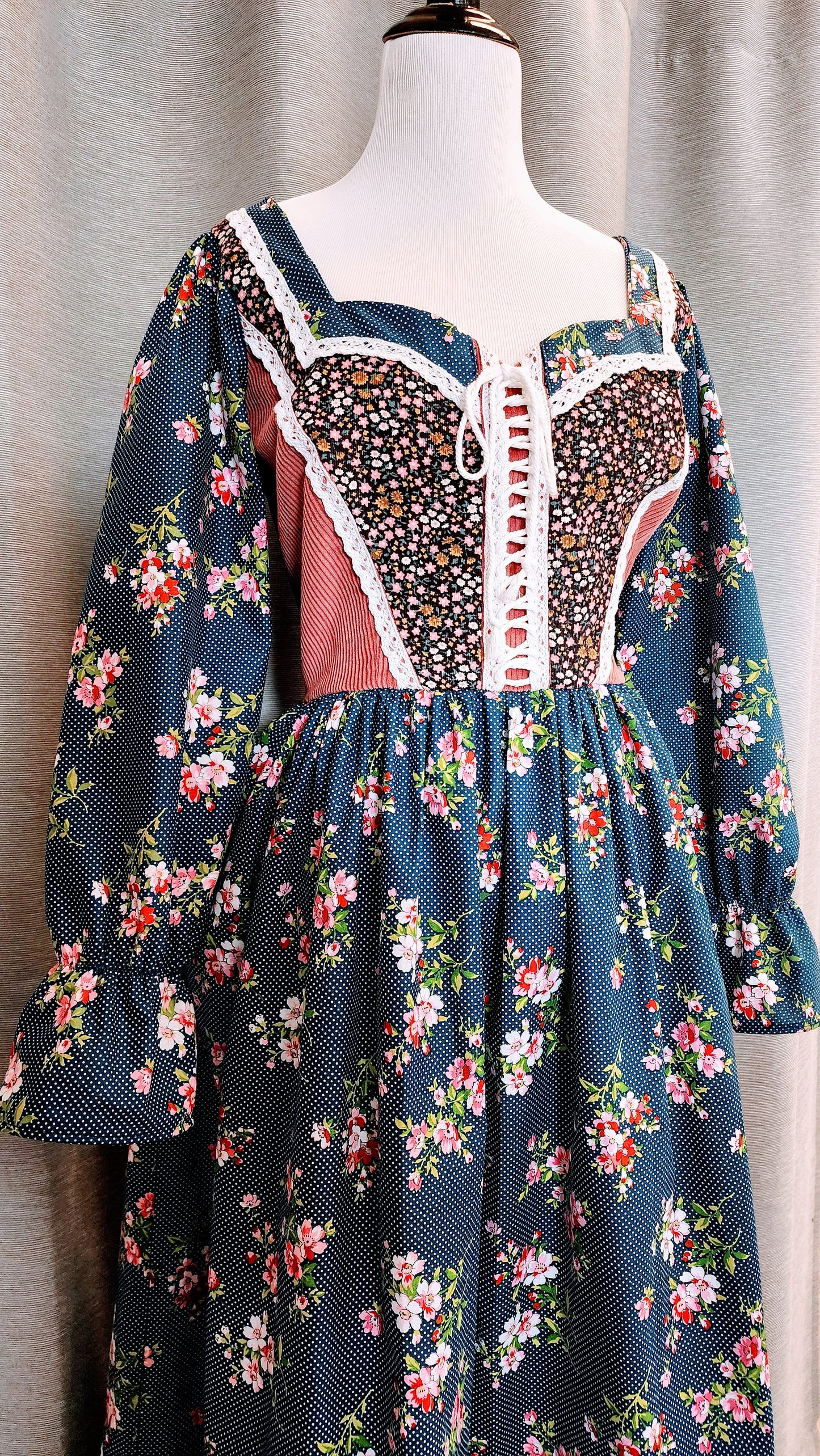 An Original Homespun 1970's Vintage Inspired Floral Print Corset Lace Dress by Hollyville