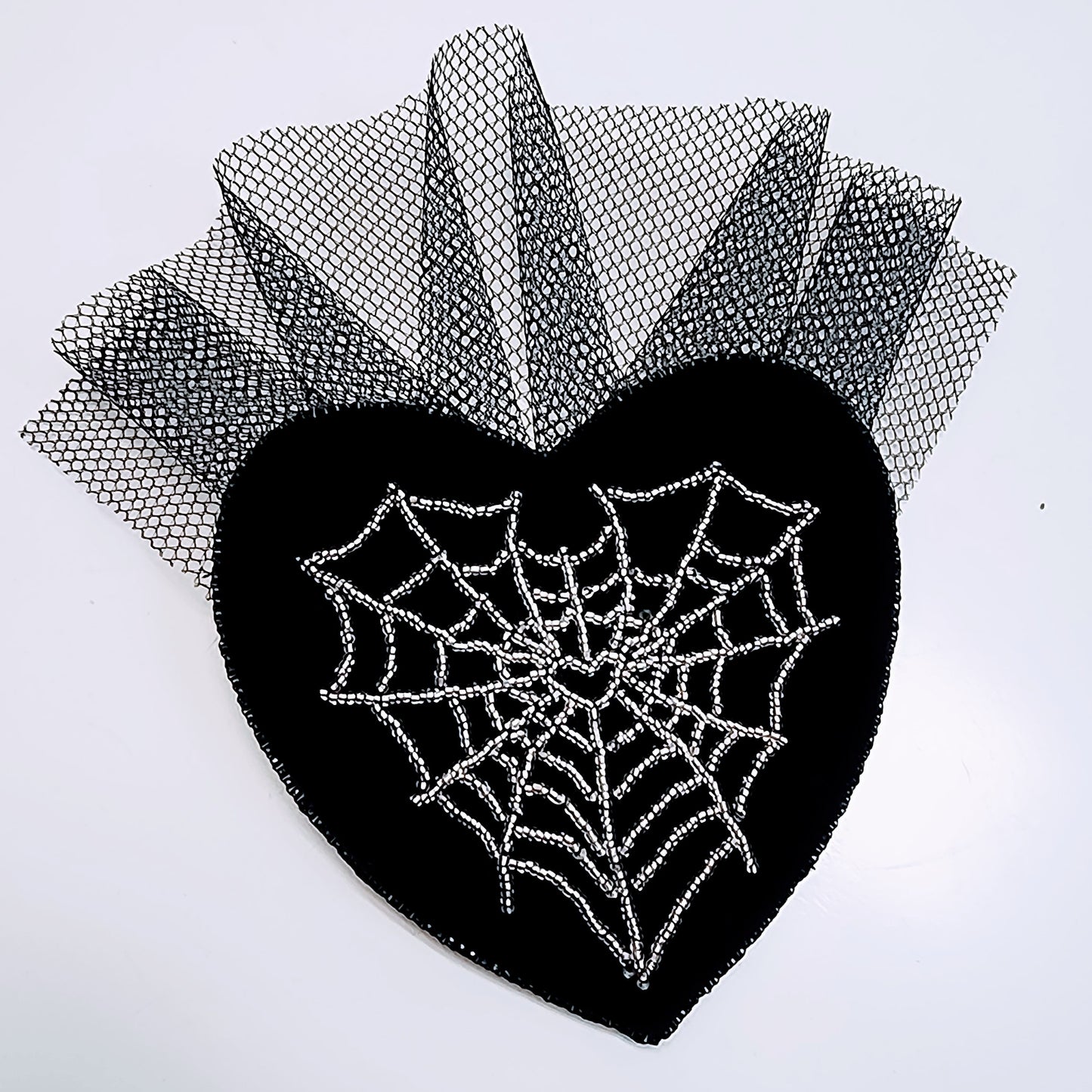 Black Velvet Beaded Heart Spiderweb Hair Clip Fascinator by Hollyville
