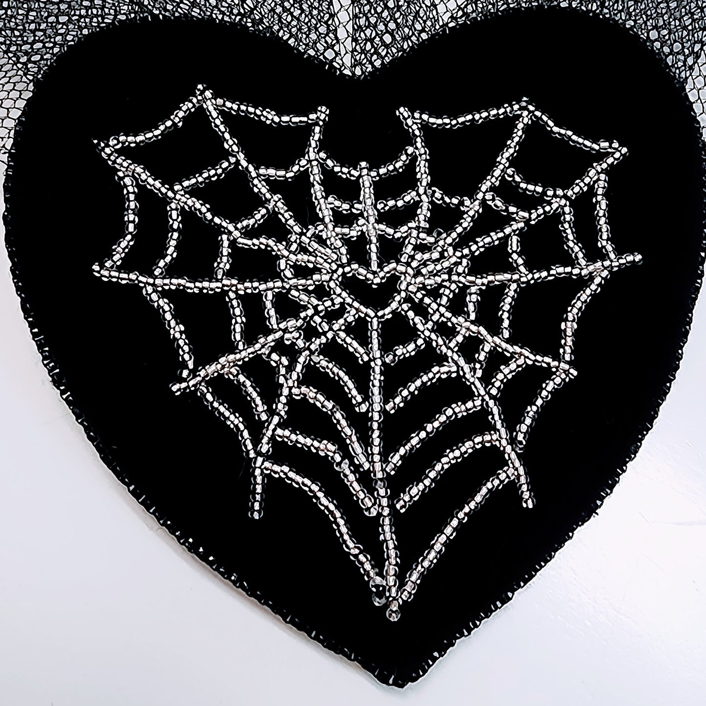 Black Velvet Beaded Heart Spiderweb Hair Clip Fascinator by Hollyville