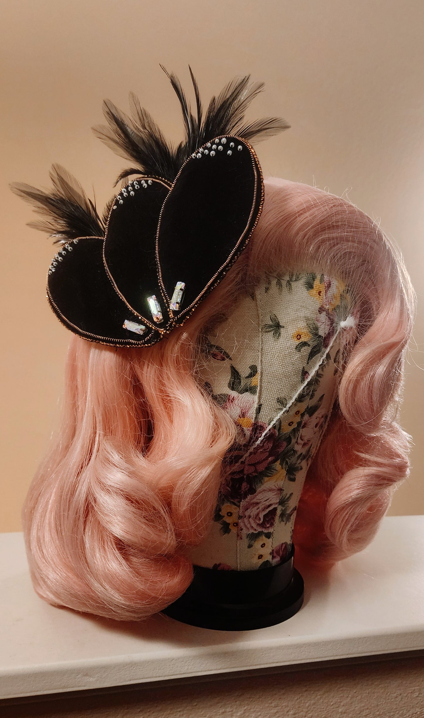 Black Velvet Feathered and Hand Beaded Hair Fascinator by Hollyville