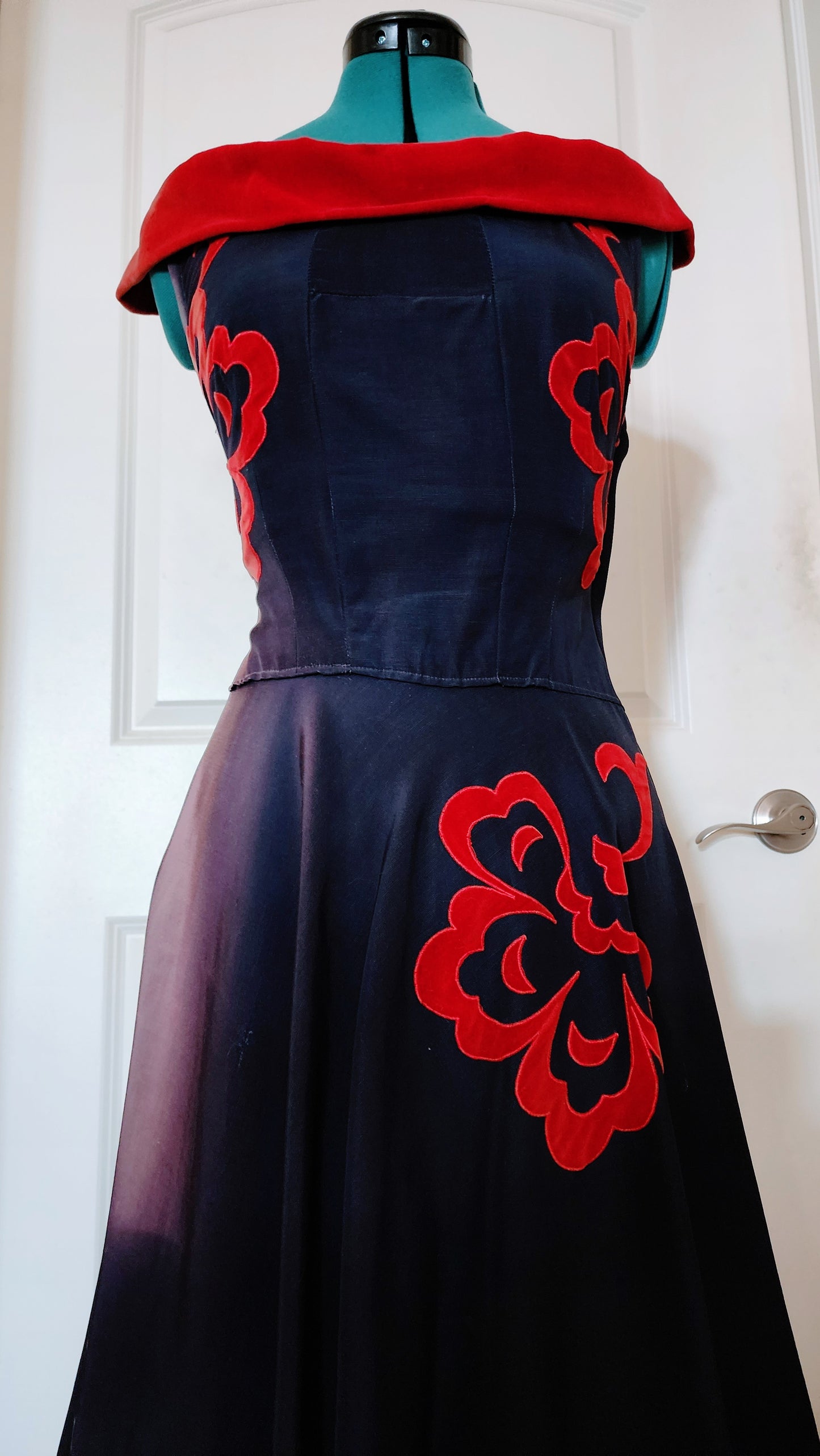 Vintage Navy Blue Red Velvet Dress