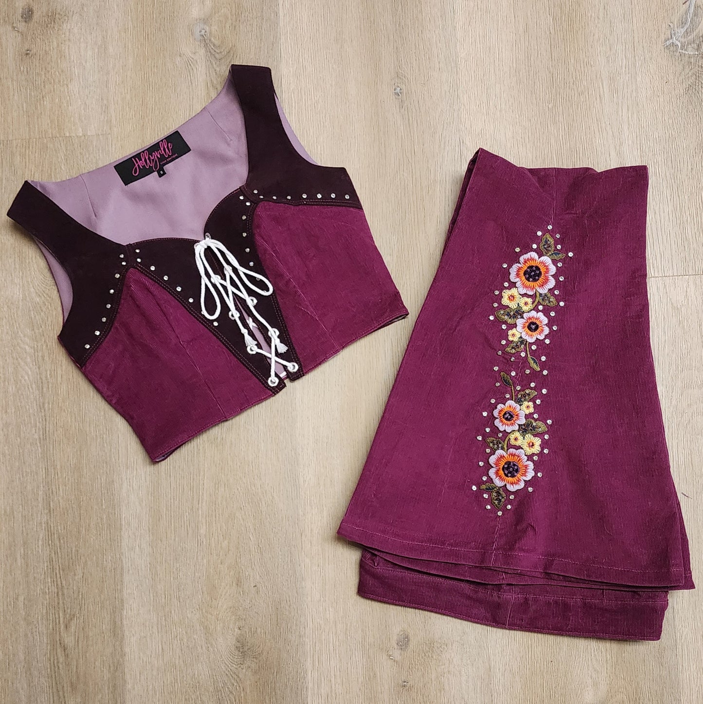 Wine Rhinestone Studded Floral Embroidered Flared Pants and Bodice Corduroy Set by Hollyville
