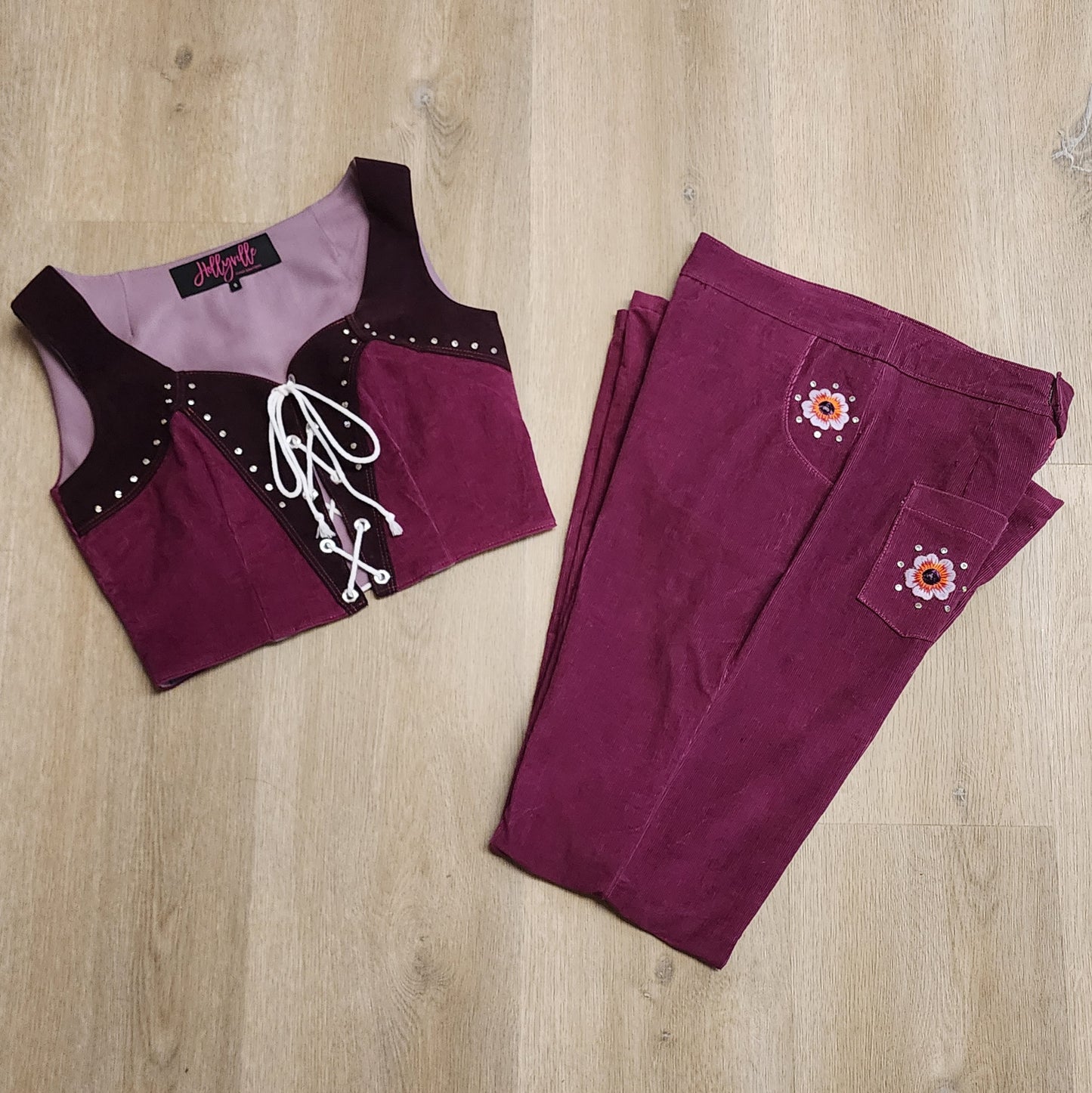 Wine Rhinestone Studded Floral Embroidered Flared Pants and Bodice Corduroy Set by Hollyville