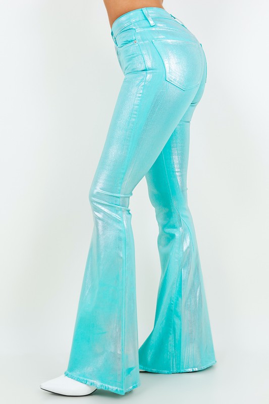 Metallic Bell Bottom Jean in Turquoise Inseam 34