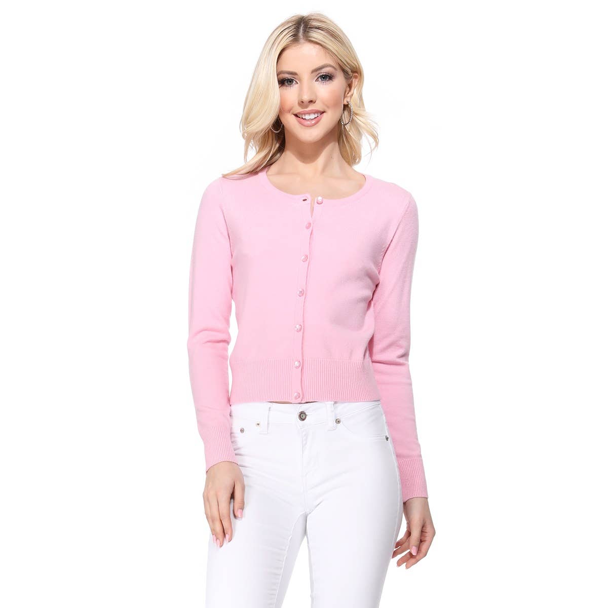 Mak - Long Sleeve Crewneck Cropped Cardigan Sweater MK5502: LIGHT PINK / XL