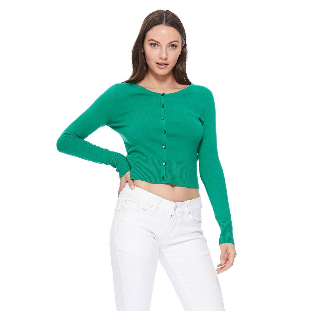 Mak - Long Sleeve Crewneck Cropped Cardigan Sweater MK5502: NAVY / XL