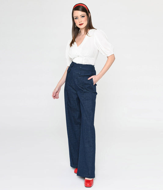 High waisted pinup rockabilly retro vintage reproduction jeans by Unique Vintage in size Large