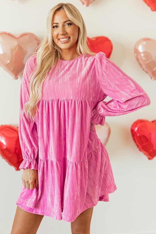 Women's Pink Velvet Mini Dress Puff Sleeves