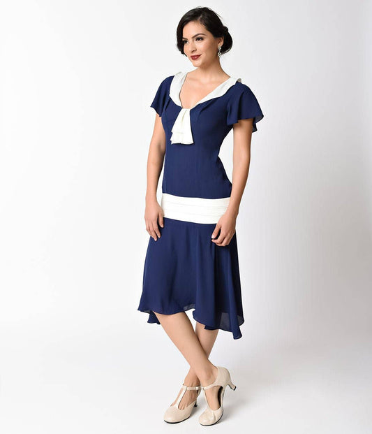 Unique Vintage - Unique Vintage 1920s Navy Blue & Ivory Wilshire Flapper Day Dress: M/8-10