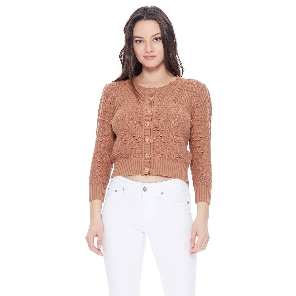Mak - 3/4 Sleeve Crewneck Knit Cropped Cardigan Sweater MK3514: OATMEAL / L