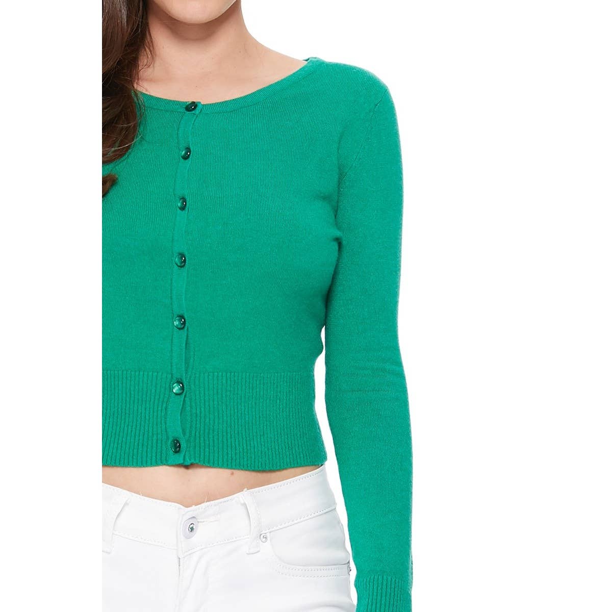 Mak - Long Sleeve Crewneck Cropped Cardigan Sweater MK5502: NAVY / XL