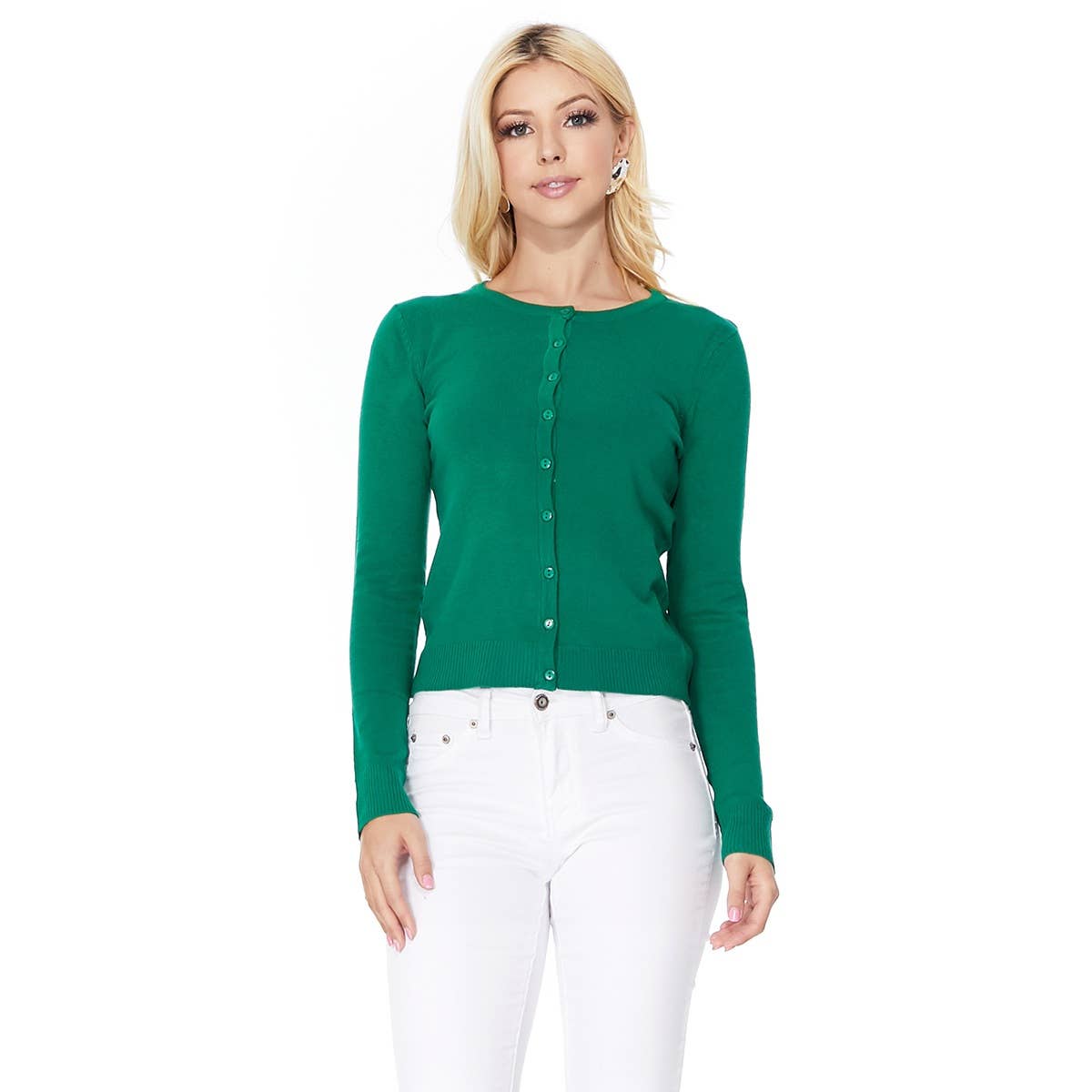 Mak - Women's Long Sleeve Crewneck Knit Cardigan Sweater MK0179: WHITE / S