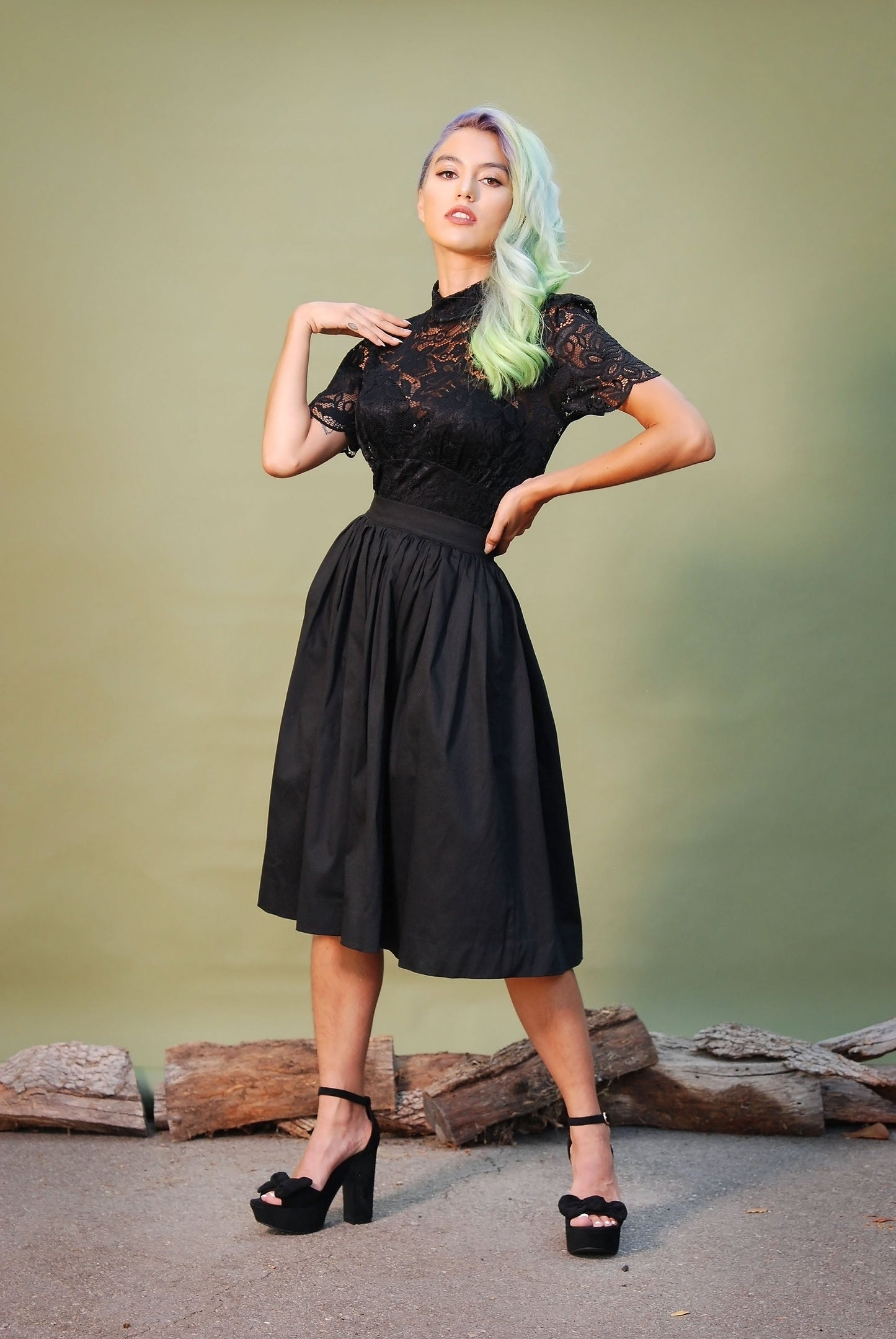 Petite Bella Vintage Gathered Swing Skirt in Solid Black Sateen | Pinup Couture