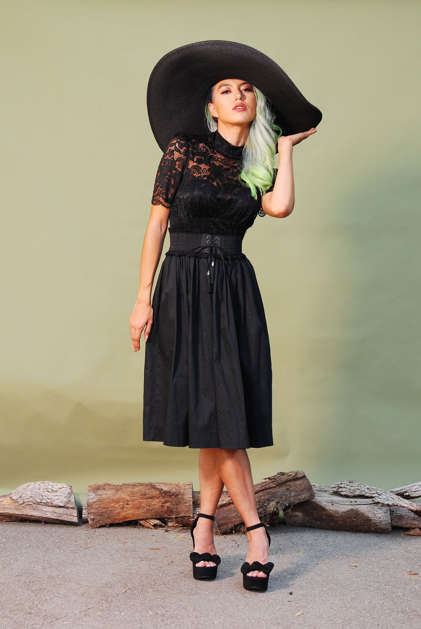 Petite Bella Vintage Gathered Swing Skirt in Solid Black Sateen | Pinup Couture