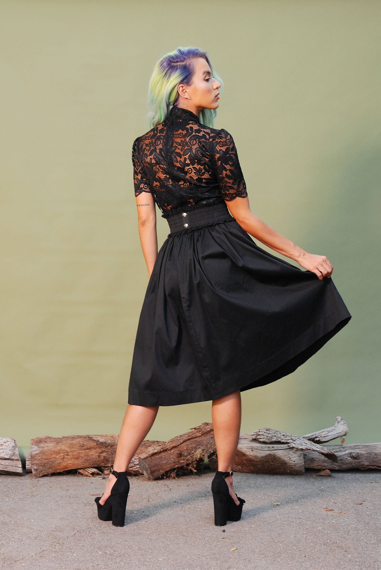 Petite Bella Vintage Gathered Swing Skirt in Solid Black Sateen | Pinup Couture