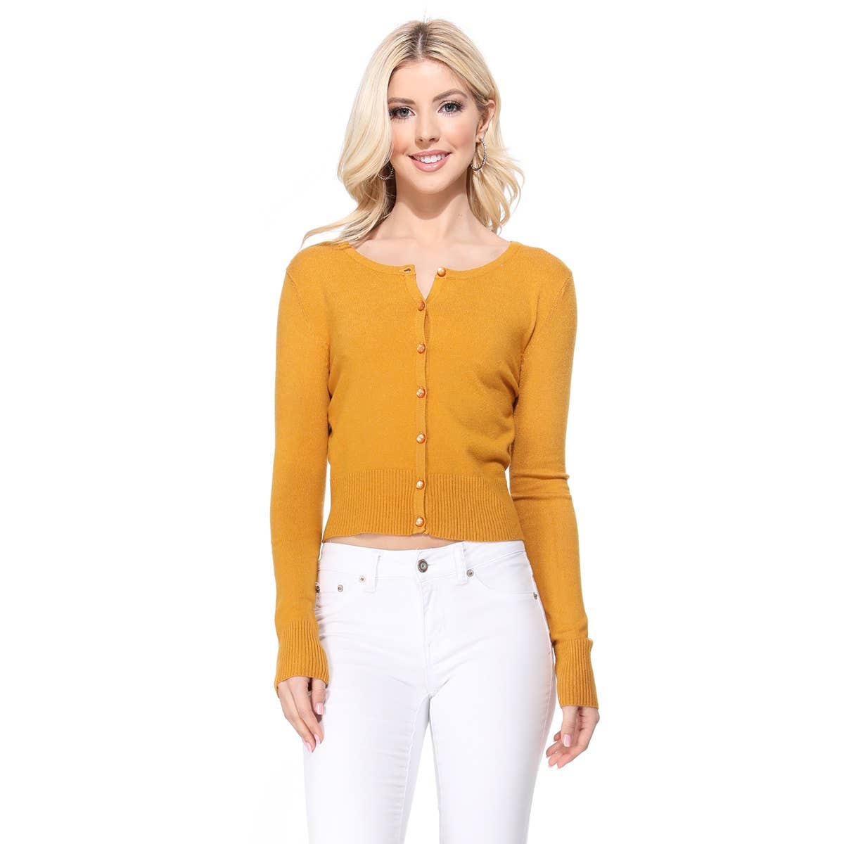 Mak - Long Sleeve Crewneck Cropped Cardigan Sweater MK5502: NAVY / XL