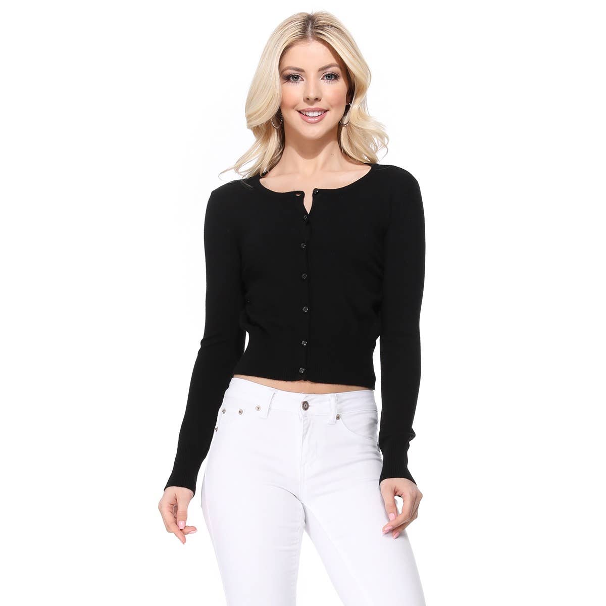 Mak - Long Sleeve Crewneck Cropped Cardigan Sweater MK5502: LILAC / S