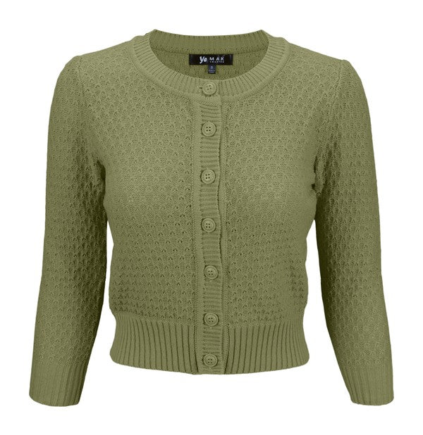 Cute Pattern Cropped Cardigan Sweater 3/4 Sleeve