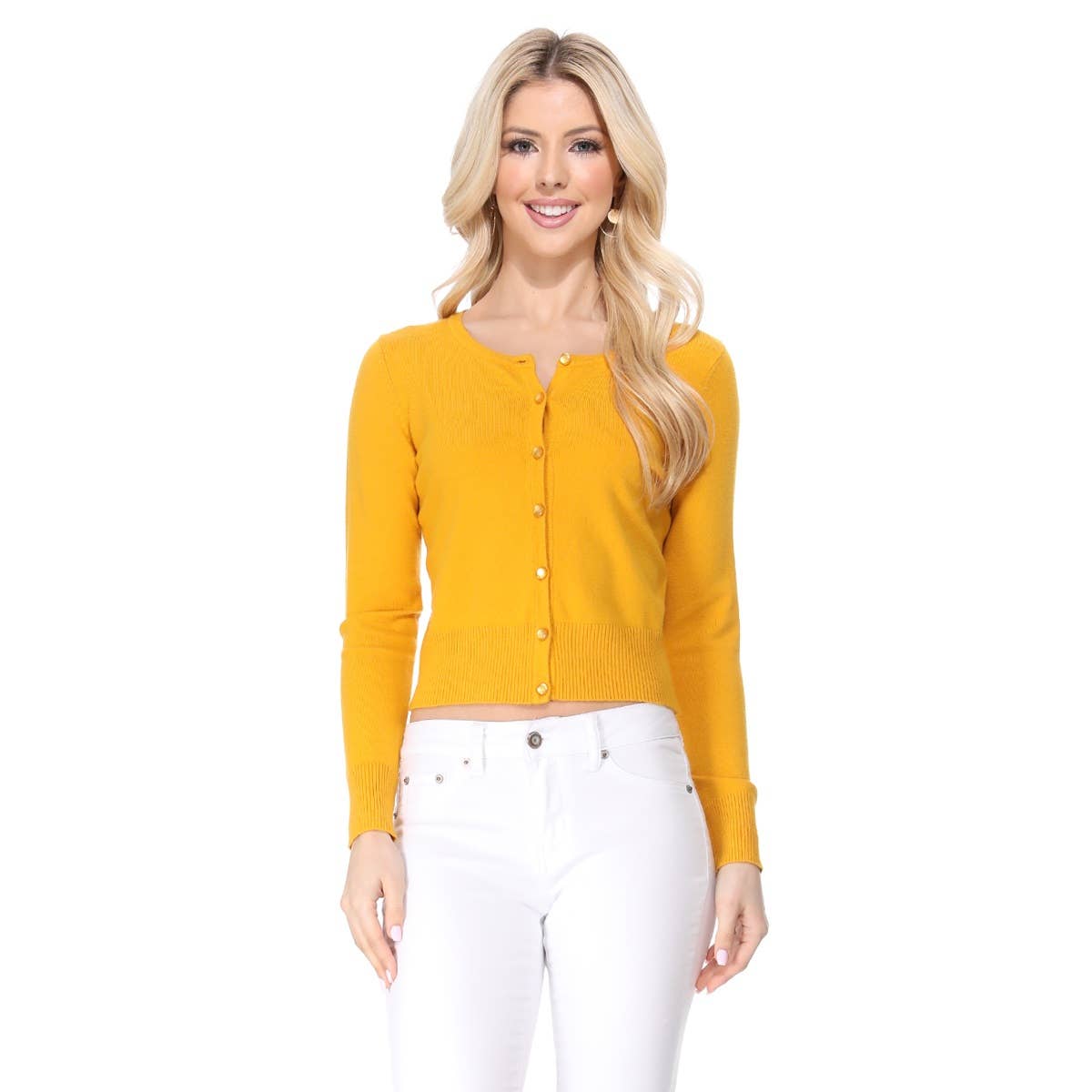 Mak - Long Sleeve Crewneck Cropped Cardigan Sweater MK5502: RED / S