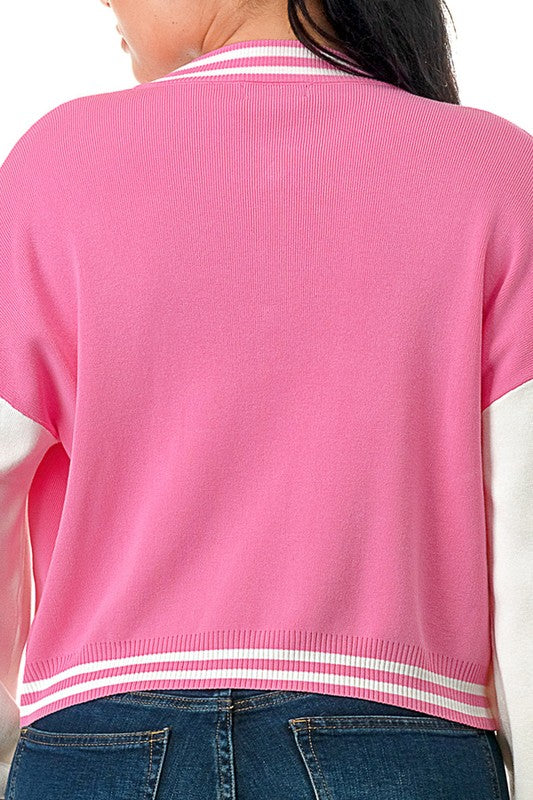 Lightweight Varsity Knit Sweater Jacket in Pink