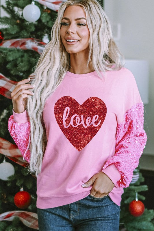 Women's Love Print Valentine Sequined Sleeve Sweatshirt in Pink By Ynique