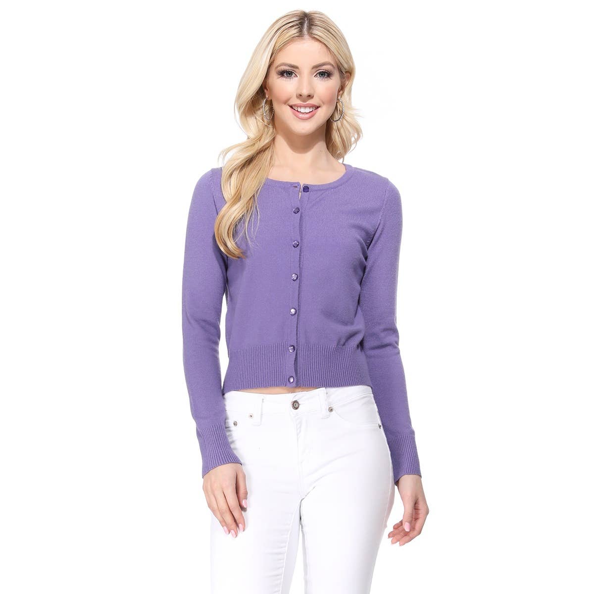 Mak - Long Sleeve Crewneck Cropped Cardigan Sweater MK5502: LILAC / L