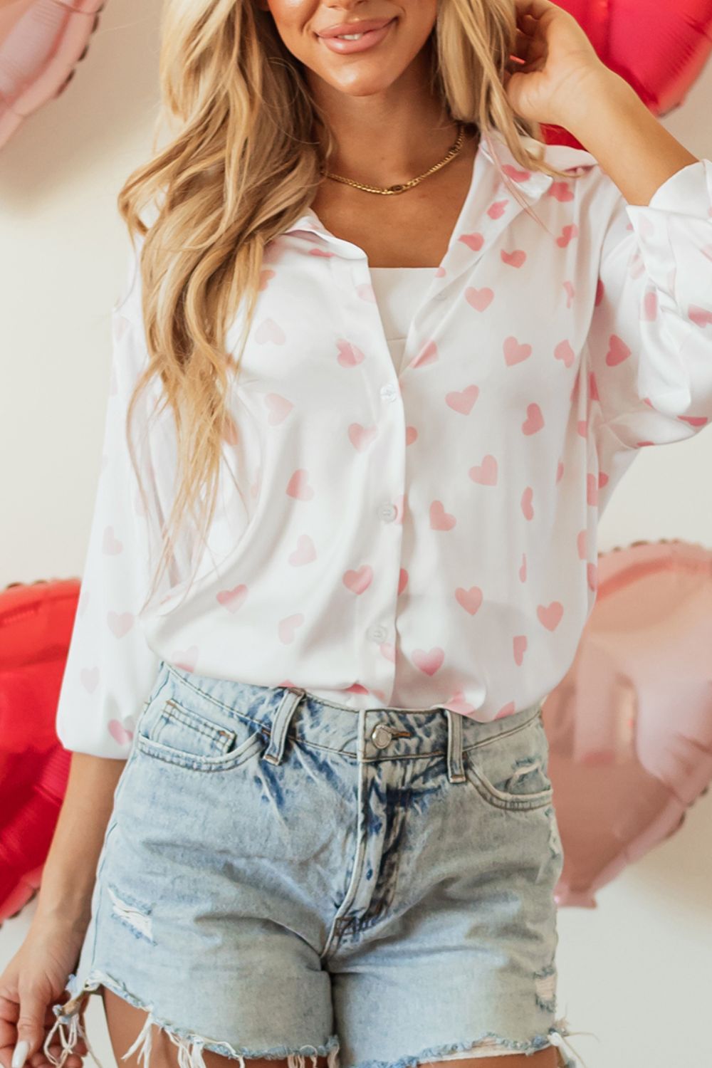 Heart print collared neckline long Sleeve Valentine shirt