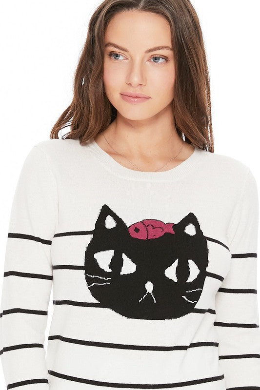 Cute Cat Face Jacquard Sweater Pull Over by MAK