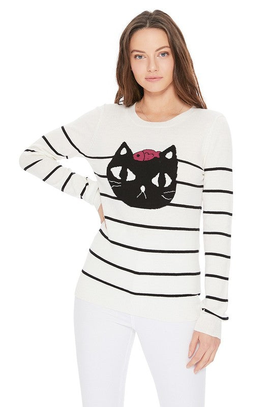 Cute Cat Face Jacquard Sweater Pull Over by MAK