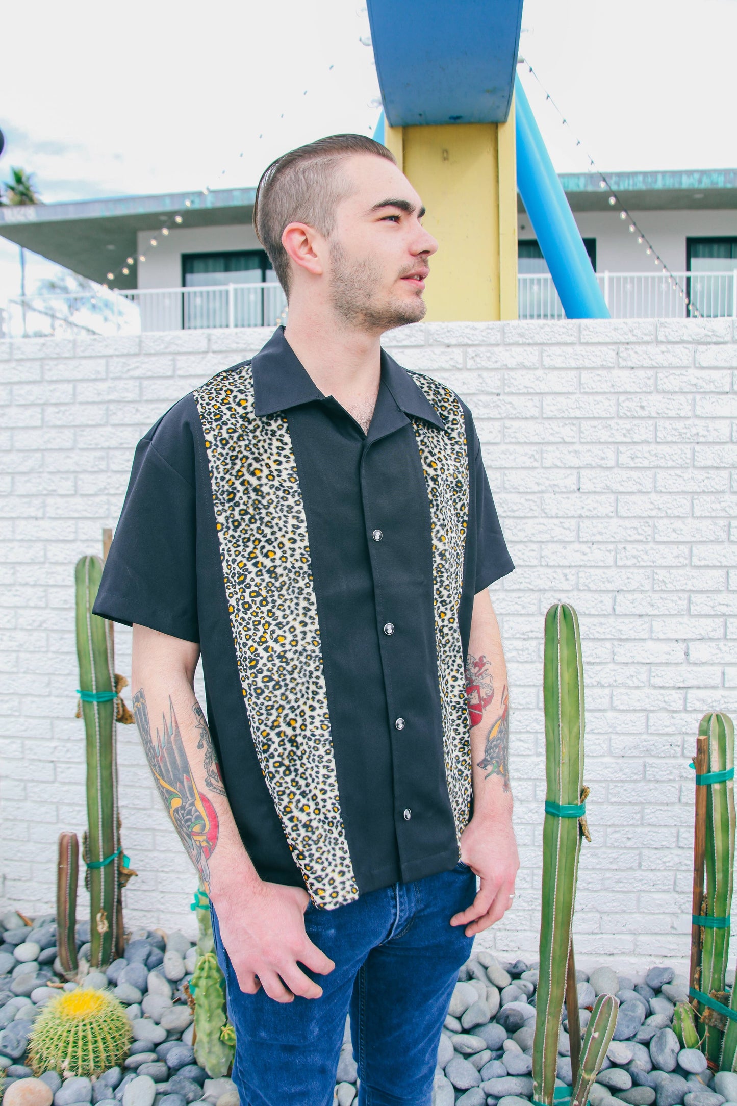 Leopard Panel Bowling Shirt in Black by Steady Clothing