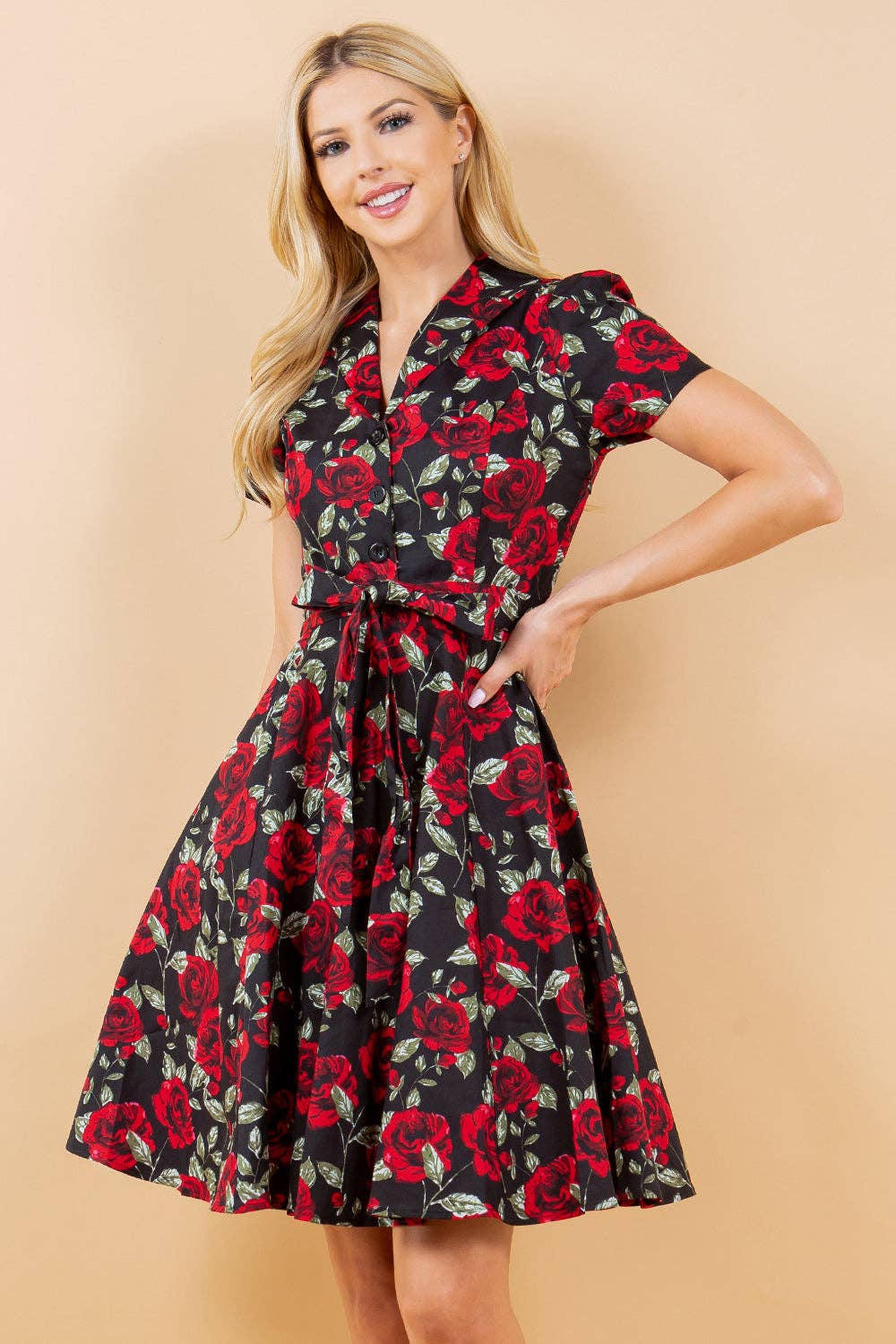 Retro Rose Print Fit & Flare Dress by LA Soul