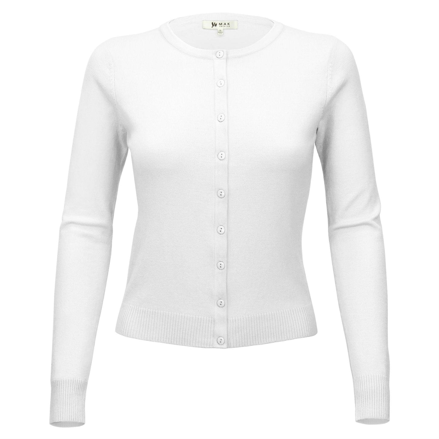 Mak - Women's Long Sleeve Crewneck Knit Cardigan Sweater MK0179: WHITE / S