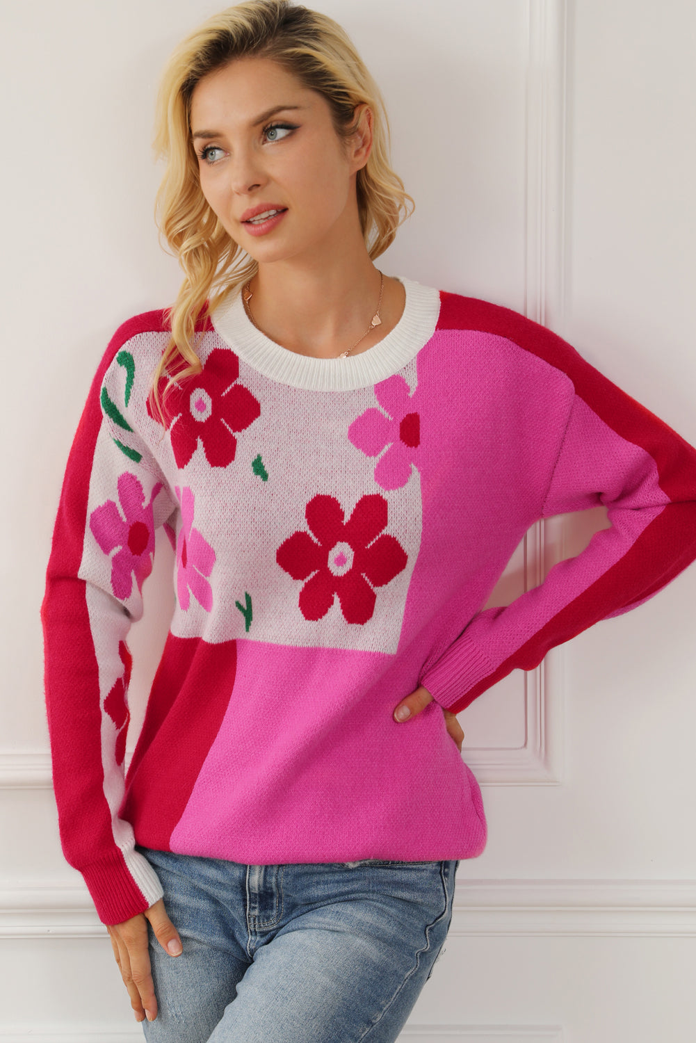 Flower Color Block Round Neck Sweater