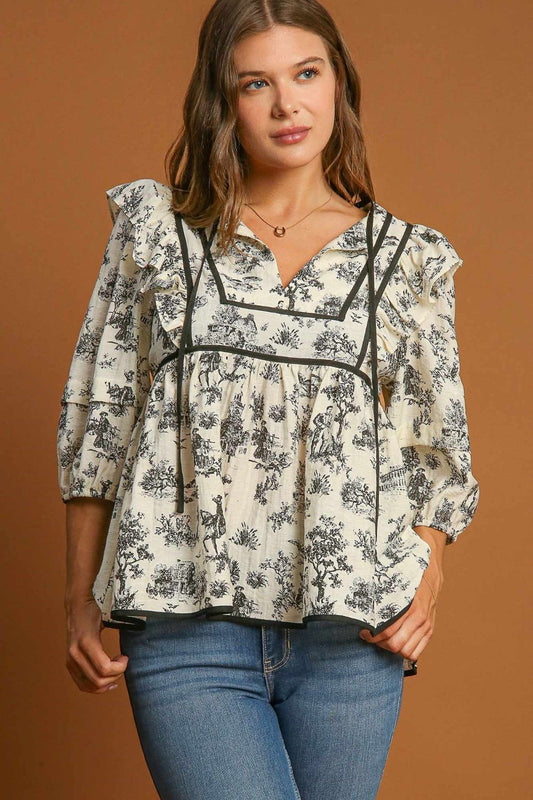 Ruffled Tie Neck Puff Sleeve Babydoll Blouse by Umgee