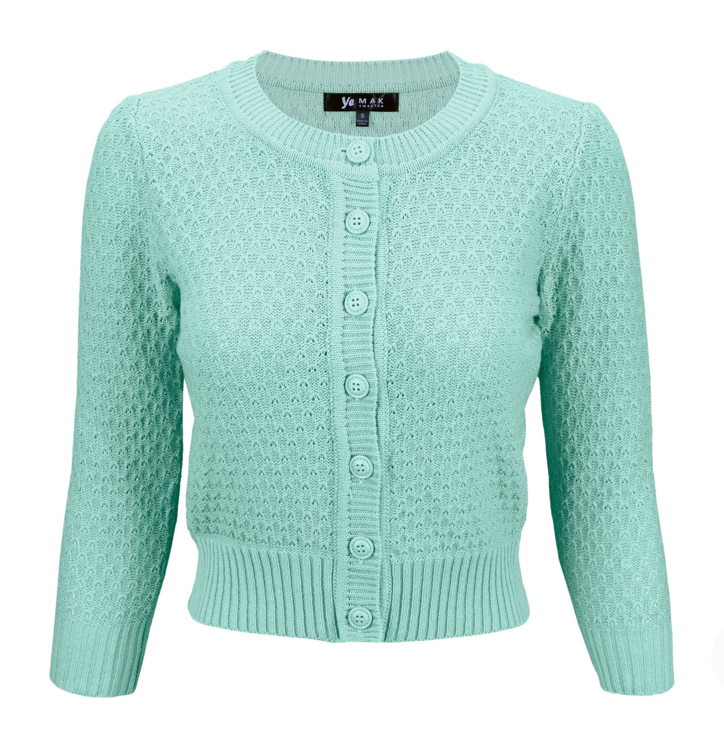 Mak - 3/4 Sleeve Crewneck Knit Cropped Cardigan Sweater MK3514: OATMEAL / M
