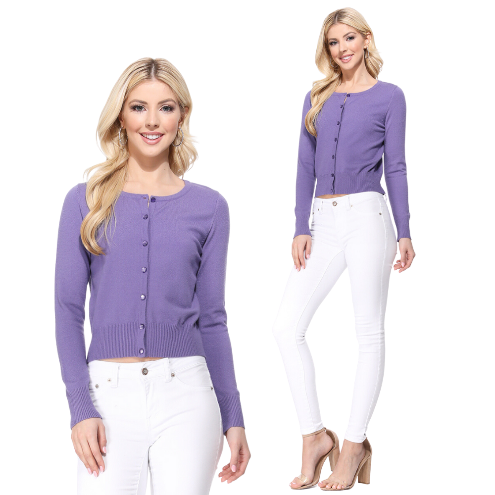 Mak - Long Sleeve Crewneck Cropped Cardigan Sweater MK5502: LILAC / S